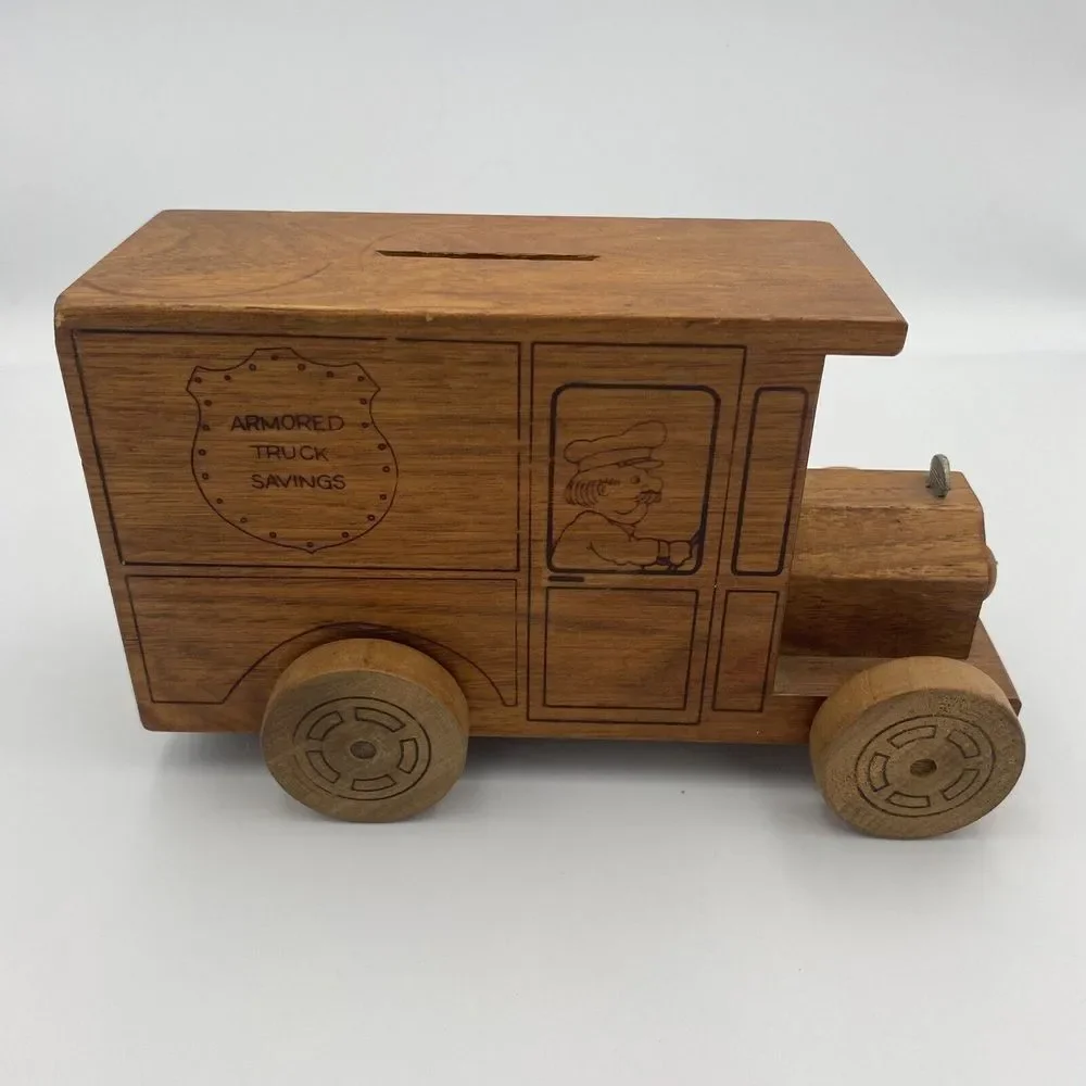 Vintage 1971 Toystalgia Wooden Rolling Armored Truck Savings Coin‎ Bank